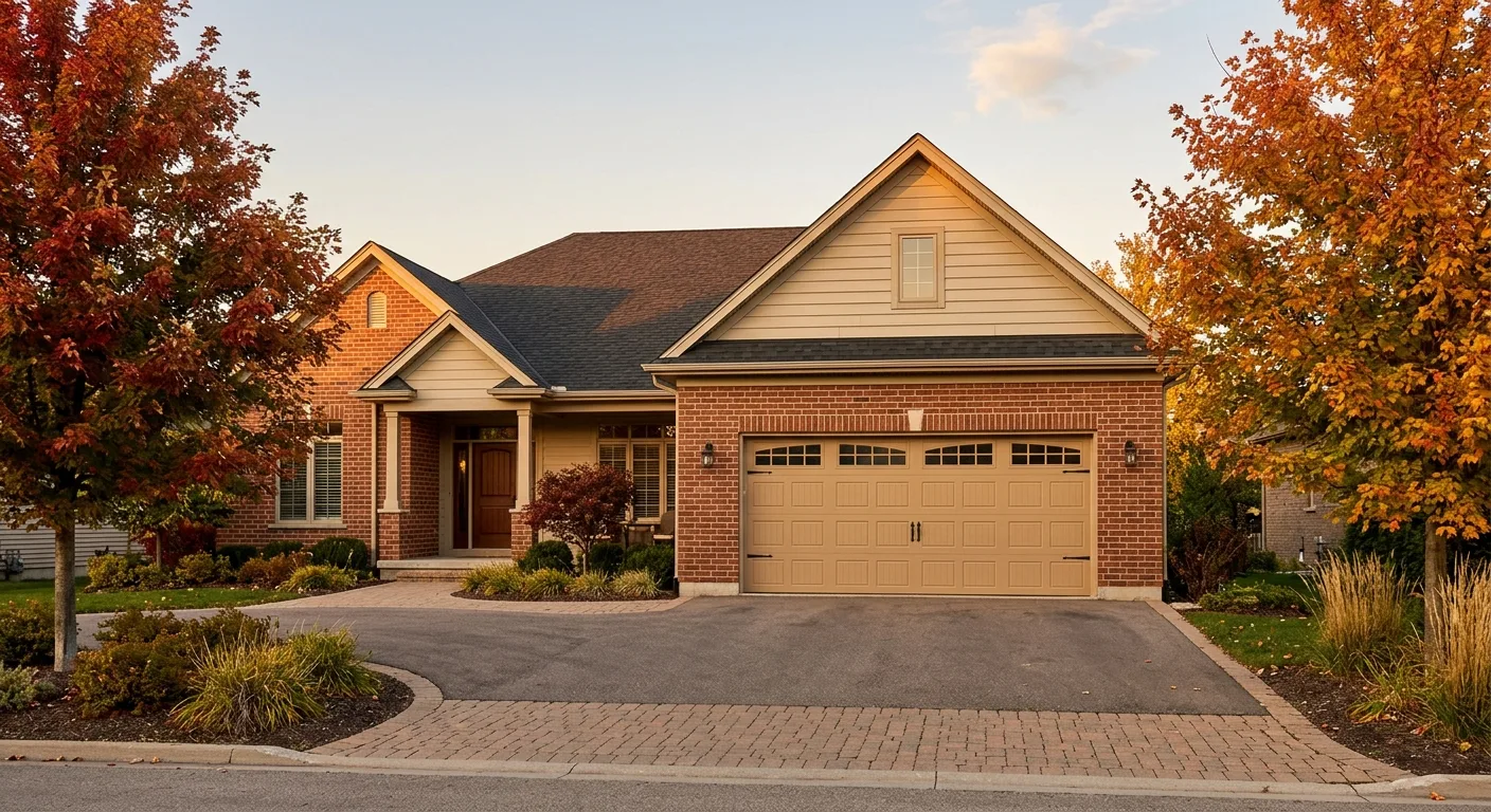 Exterior daylight photograph of a Staples residential home with a closed two-car insulated garage door in warm beige, autu...