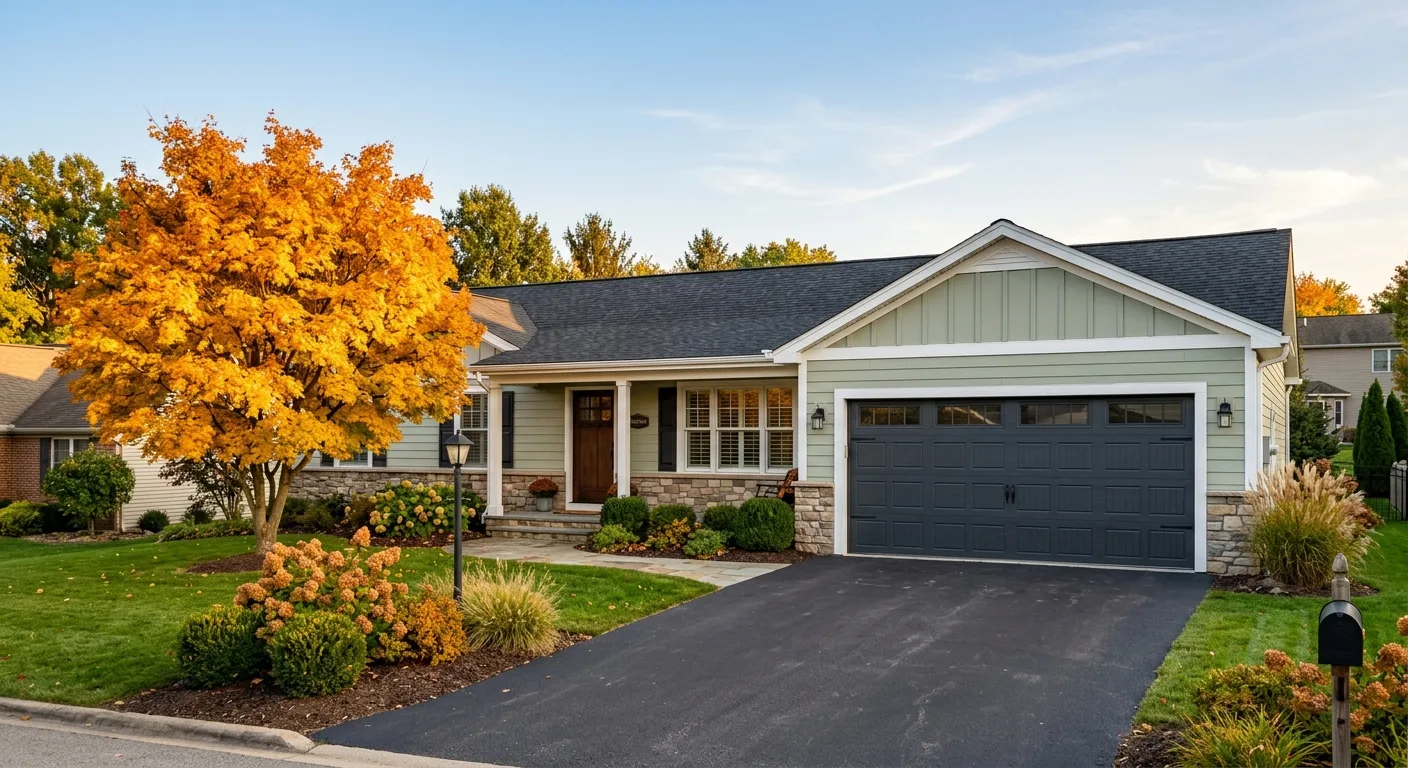 Exterior daylight photograph of a clean Staples rancher at the driveway angle with a freshly installed dark-charcoal insul...