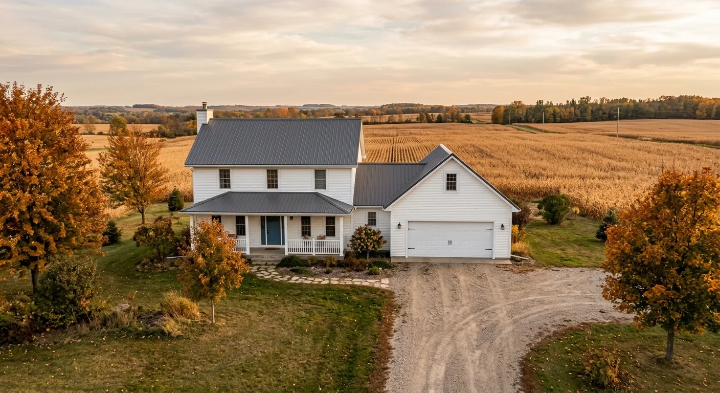 Wide exterior photograph of a rural Staples-area farmhouse with a closed white two-car garage door, gravel driveway, autum...