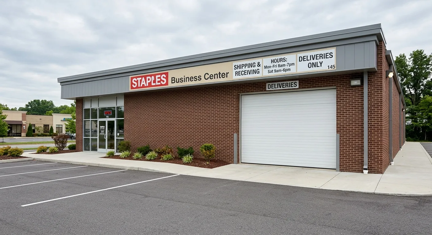 Exterior daylight photograph of a Staples commercial small-business storefront with a closed white insulated roll-up garag...