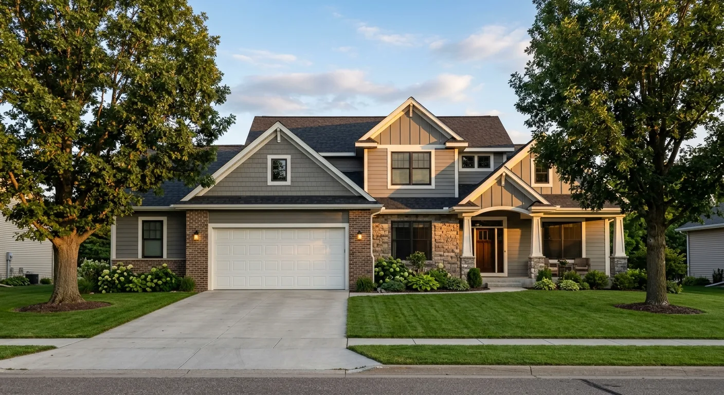 Exterior daylight photograph of a Wadena 2010s rebuild home with a closed two-car insulated white garage door, manicured l...