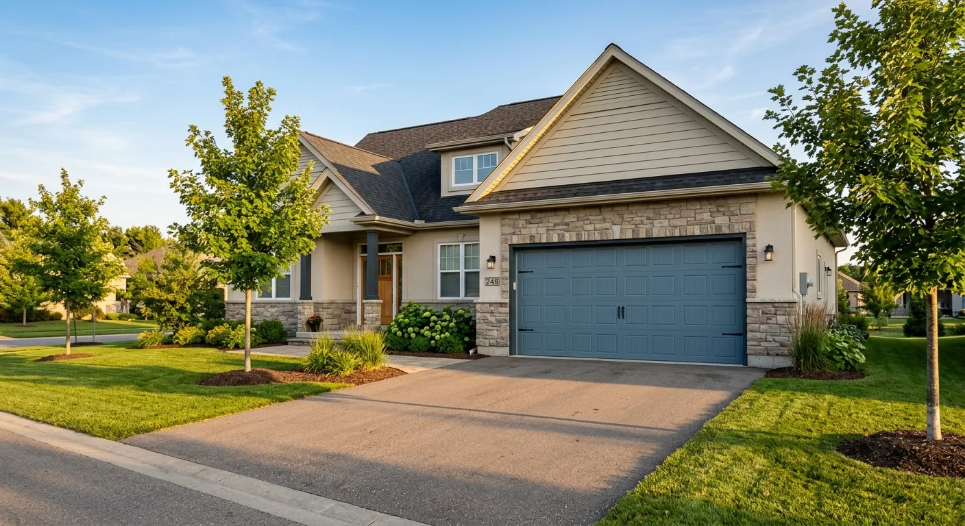 Exterior daylight photograph of a clean Wadena 2010s rebuild home at the driveway angle with a freshly installed muted blu...