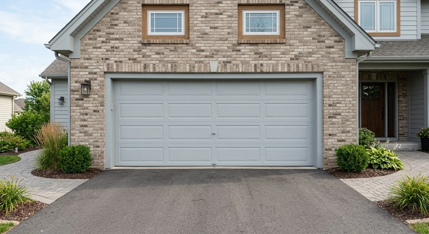 Close-up exterior photograph of a smooth-panel insulated steel garage door in light gray on a Wadena 2010s rebuild home, b...
