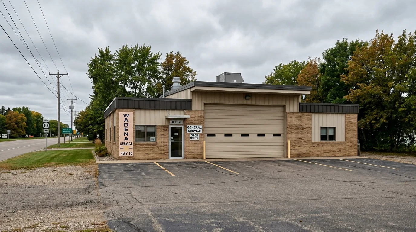 Wide exterior photograph of a Wadena commercial Hwy 10 corridor service building with a closed large beige commercial gara...