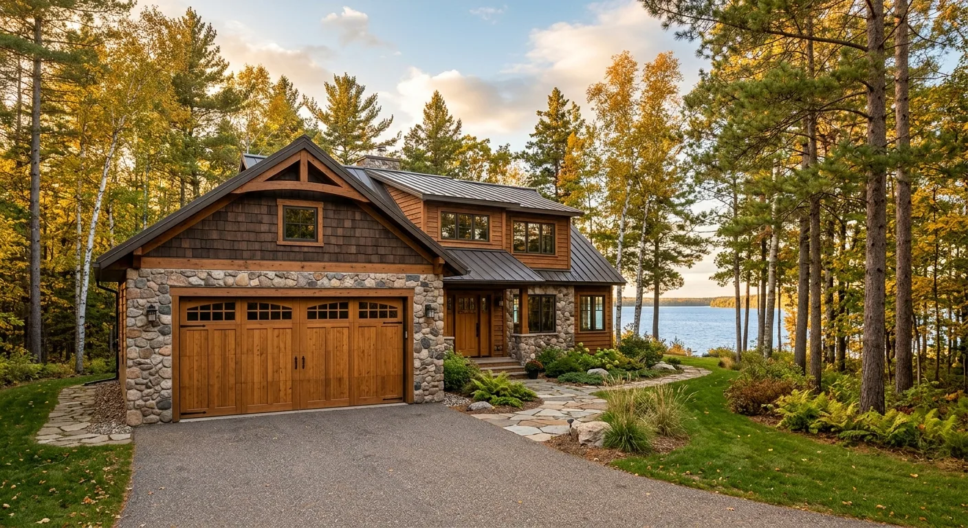 Exterior daylight photograph of a Walker lake home with a closed natural-stain wood carriage garage door, stone walkway, m...
