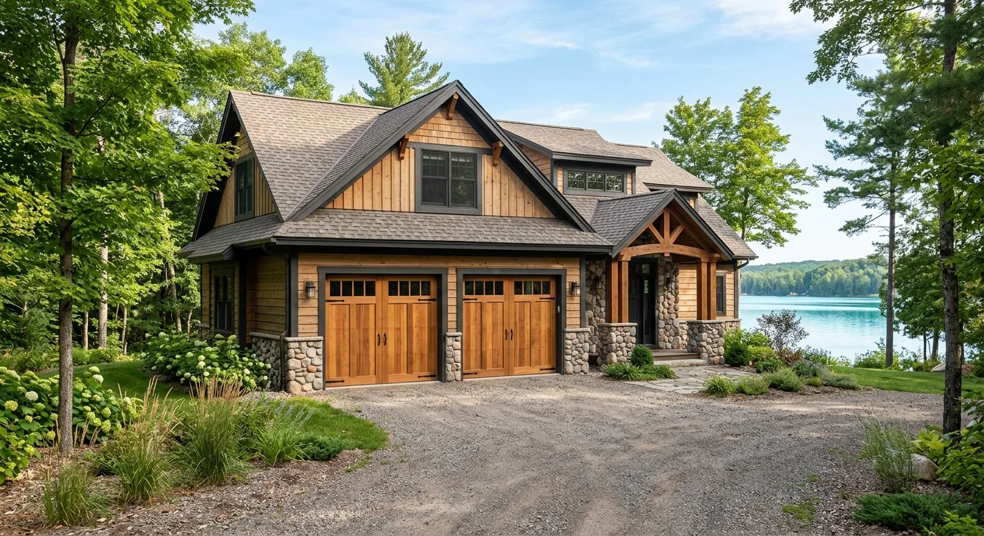 Exterior daylight photograph of a clean Walker Bay lake home at the driveway angle with a freshly installed natural-stain...