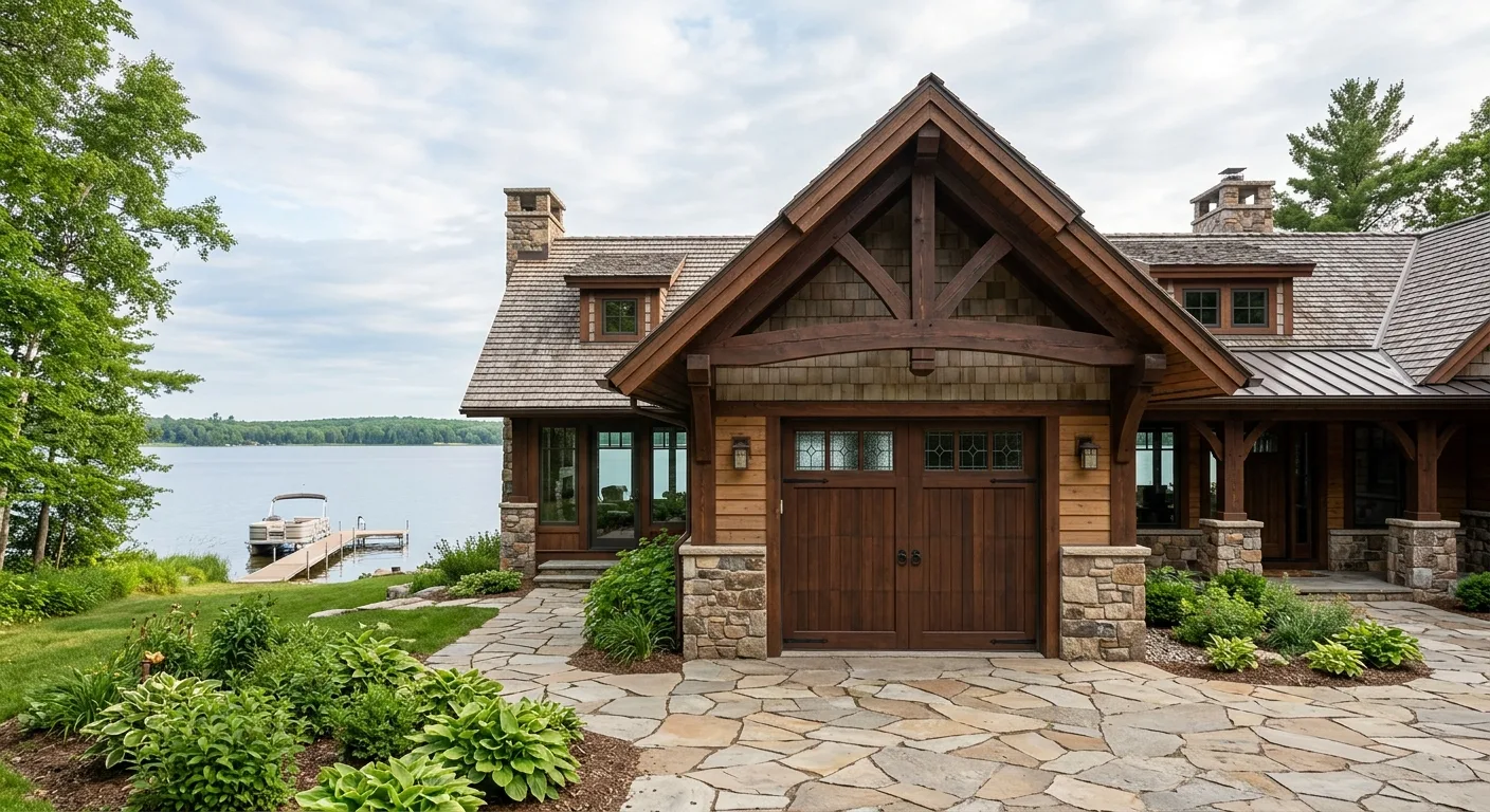 Exterior photograph of a Walker Bay lake home with a closed dark cedar carriage-house garage door, exposed beam architectu...