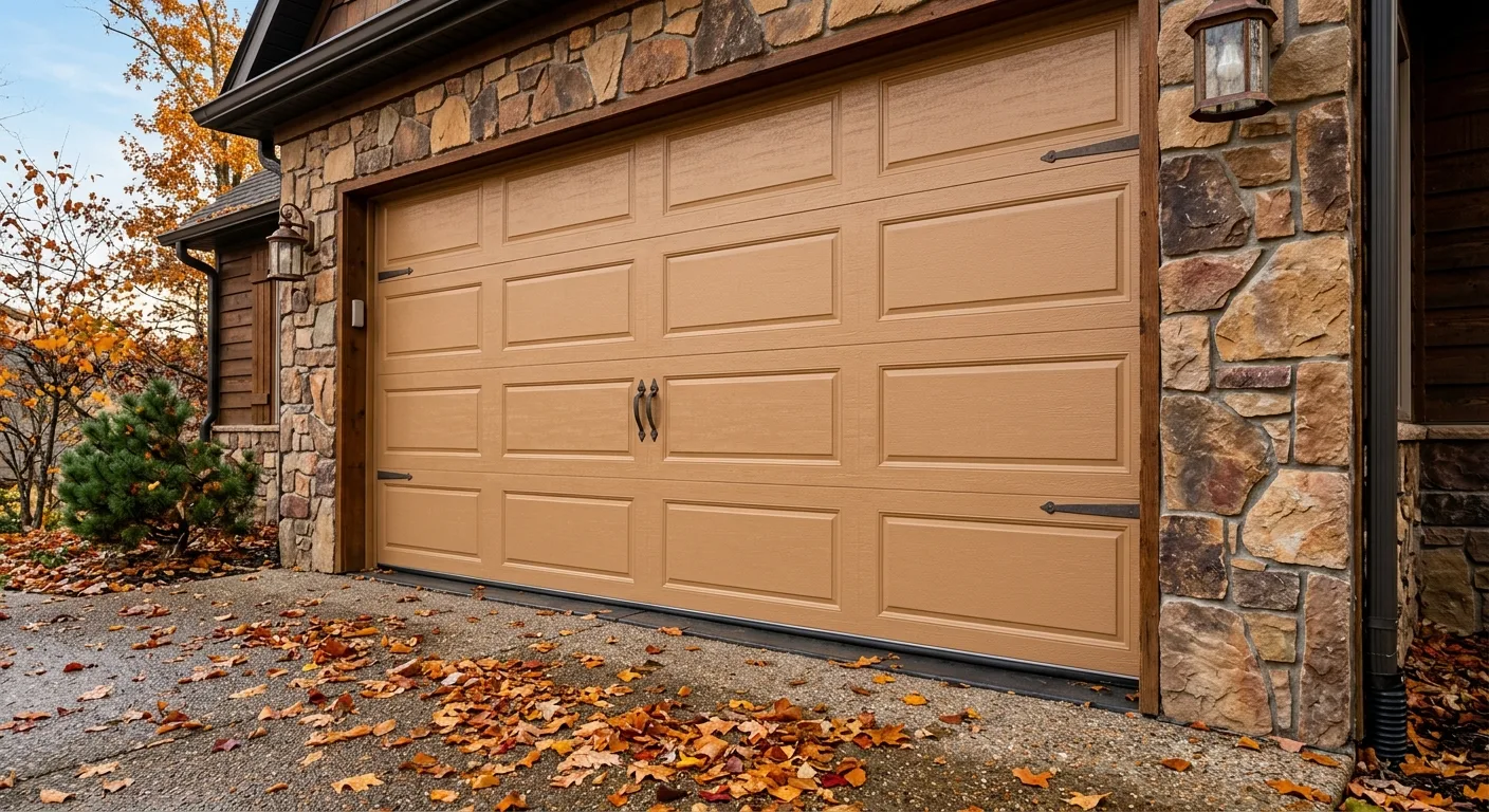Close-up exterior photograph of a textured insulated garage door panel in warm tan on a Walker residential home, autumn le...