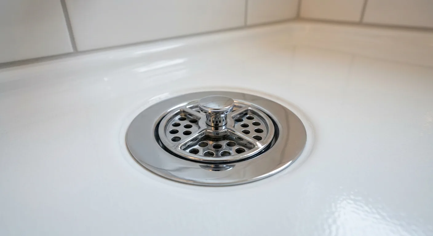 Close-up of a bathtub drain basket and stopper