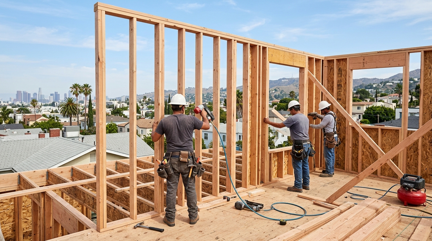New second-story room addition framing rising above the existing first floor of a South Bay single-family home