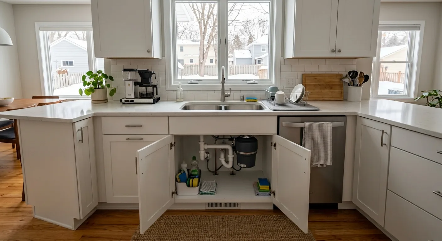 Licensed east metro plumber replacing a worn residential garbage disposal under a kitchen sink