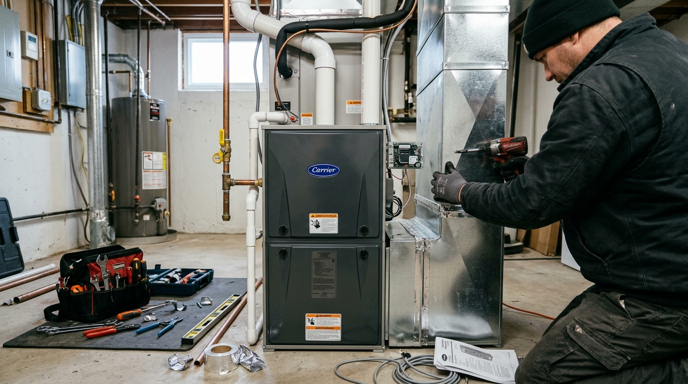 New high-efficiency furnace and condenser being installed in a Colorado home with mountains in the background