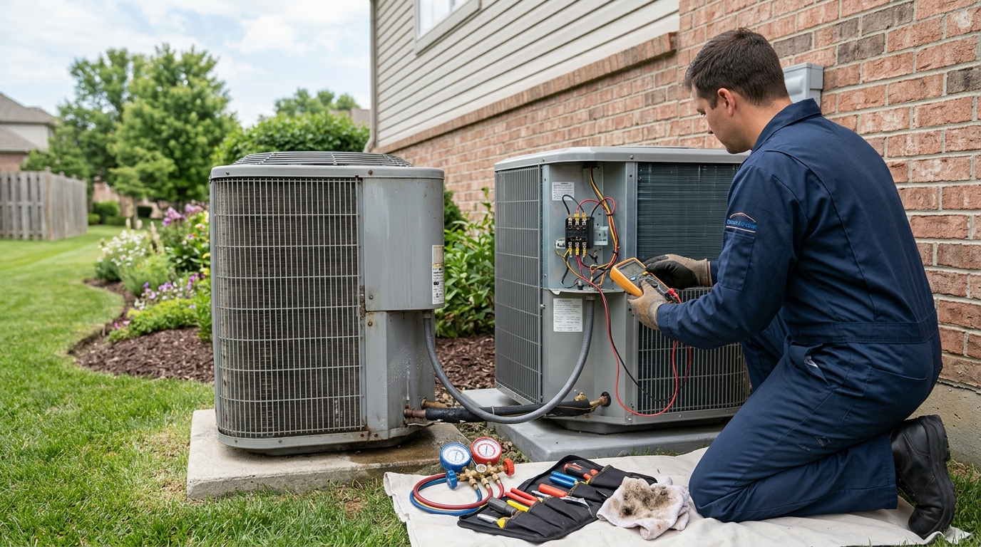 HVAC technician servicing and cleaning the burners of a gas furnace during a maintenance tune-up in a Colorado basement