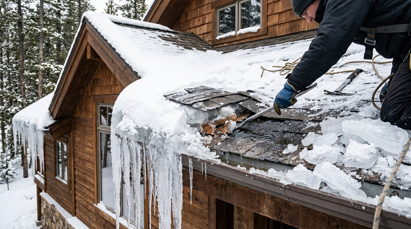 Ice dam and icicles along the eave of a Colorado mountain-home roof, water backing up under the shingles