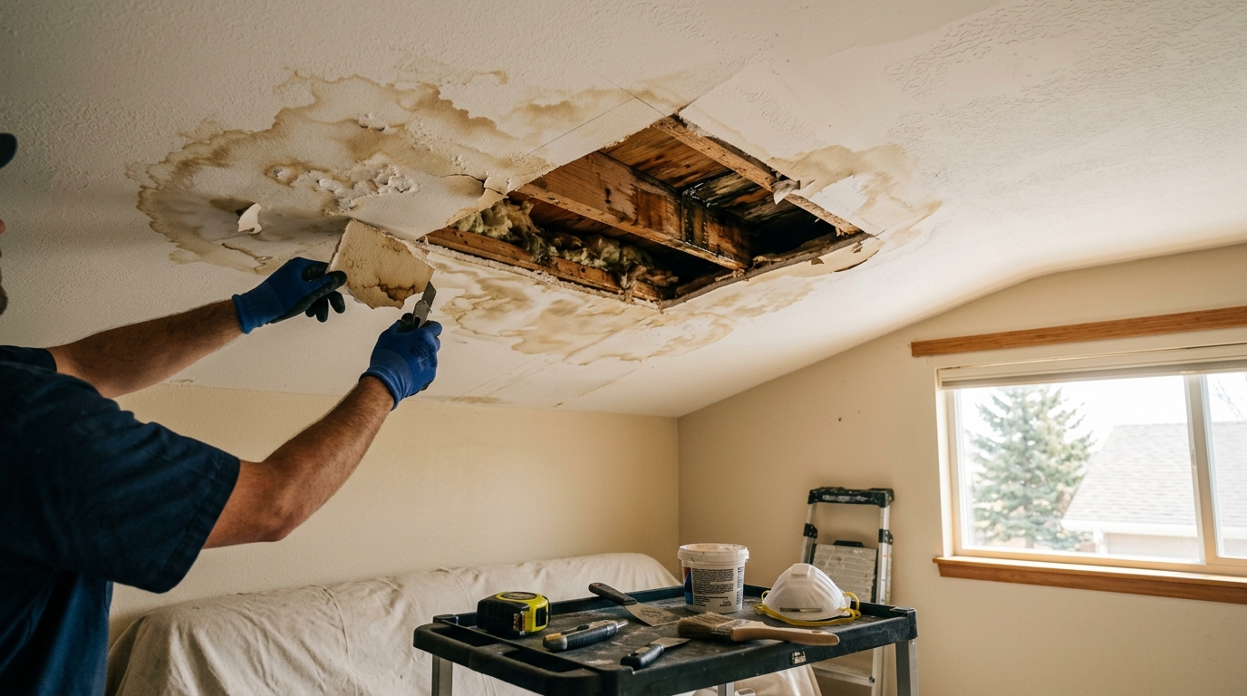 Water stain and leak damage spreading across an interior ceiling below a failed roof on a Colorado home