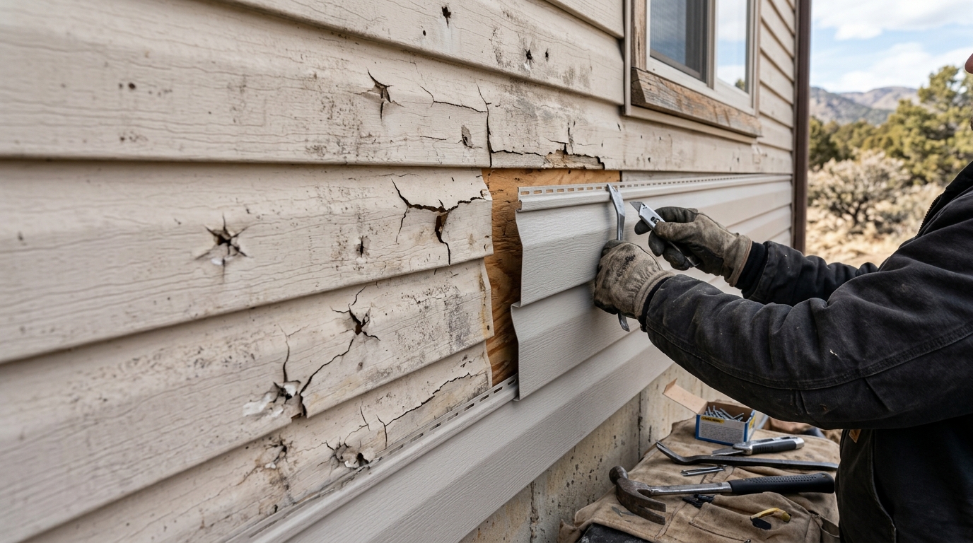 Hail-cracked and UV-faded vinyl siding panels on the north elevation of a Colorado Front Range home