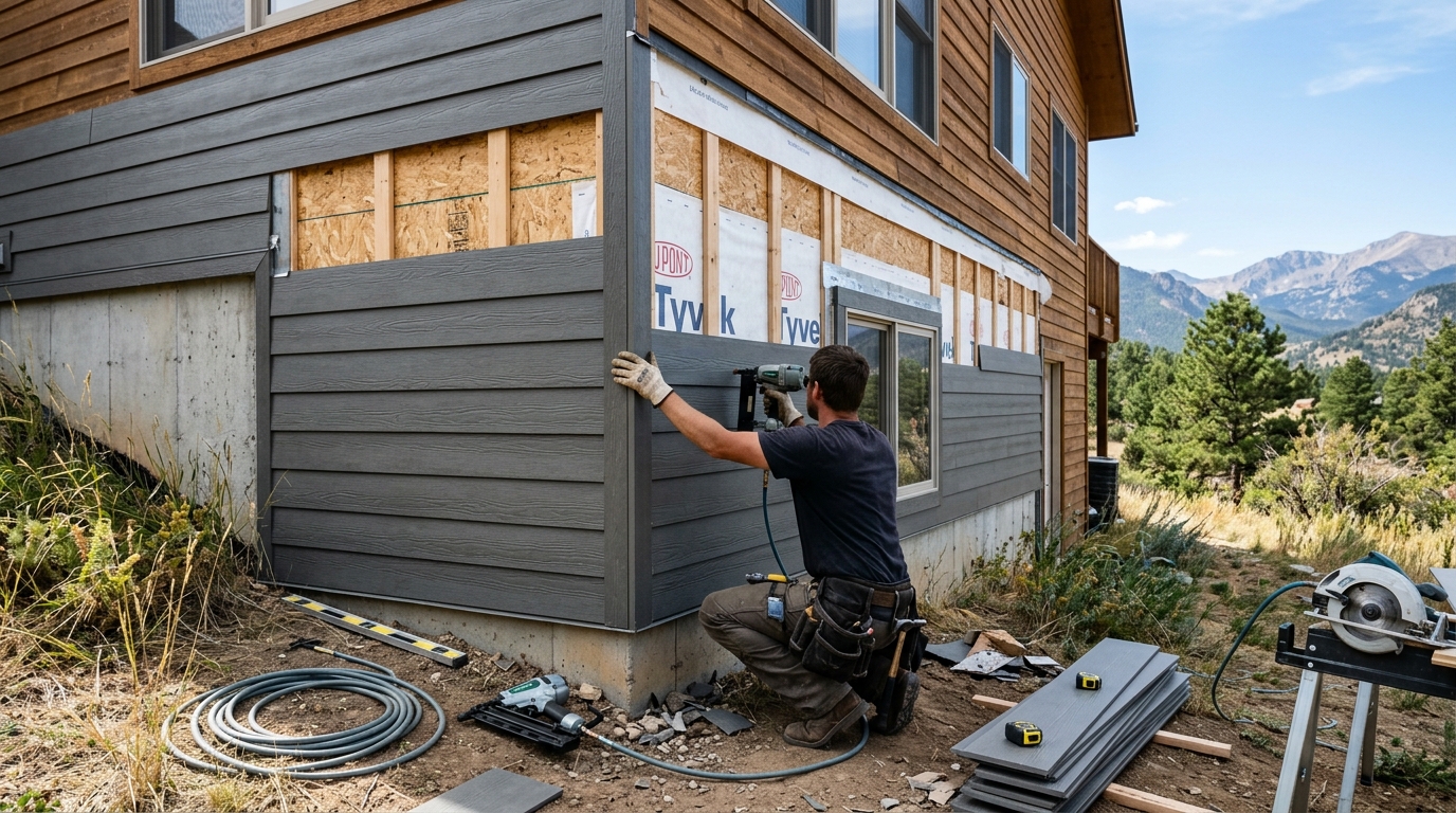 Fiber-cement lap siding installed on the lower wall of a Colorado home as a fire-resistant replacement for combustible cladding