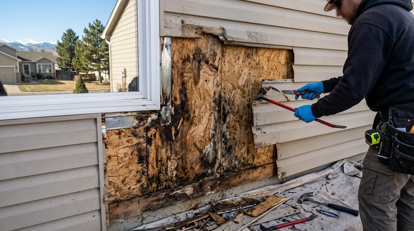 Wind-driven water staining and hidden sheathing rot exposed behind failed siding on a Colorado home