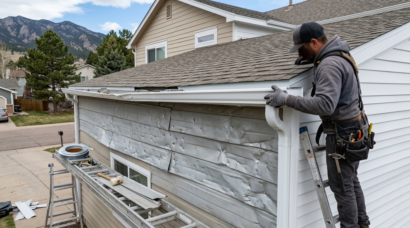Hail-dented aluminum siding and a torn gutter on a Colorado Front Range home after a hailstorm