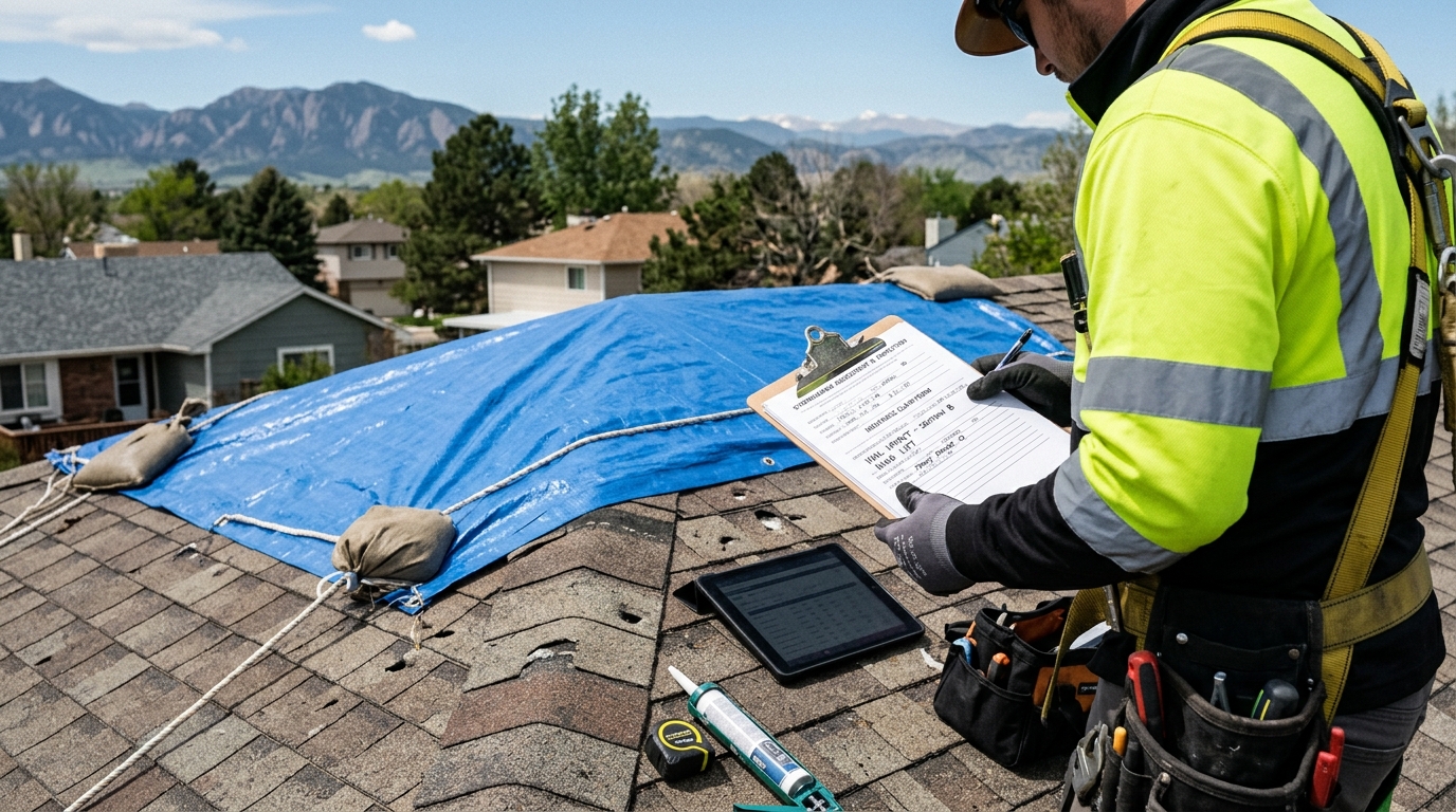 Storm-damage assessment documentation beside a tarped roof section on a Colorado home during an insurance claim