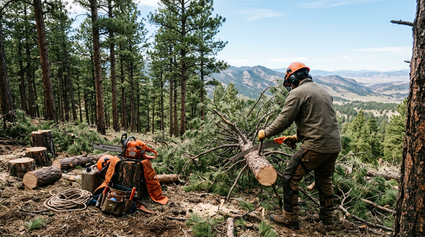 Thinned ponderosa pine stand with spaced crowns after defensible-space tree removal in the Colorado foothills