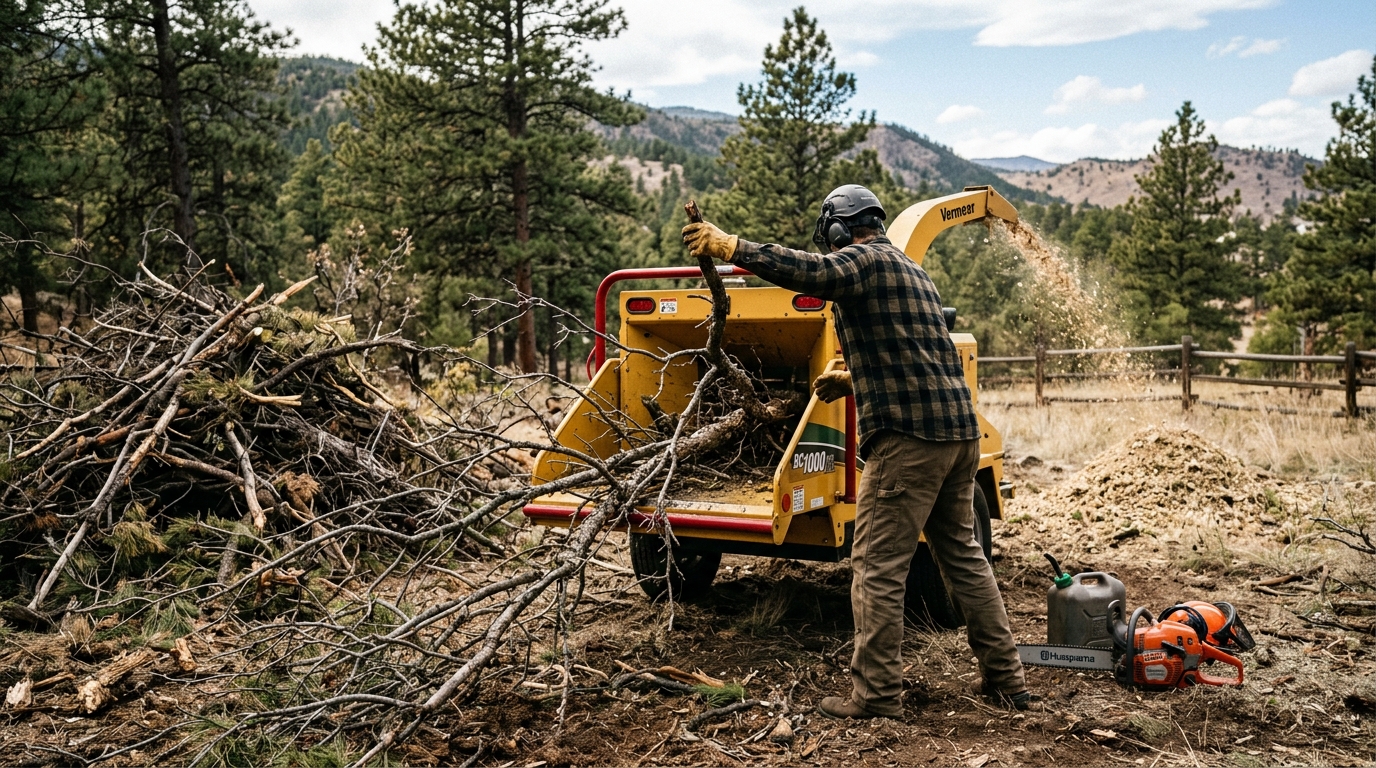 Cut slash and branch debris staged for removal beside a cleared Front Range property