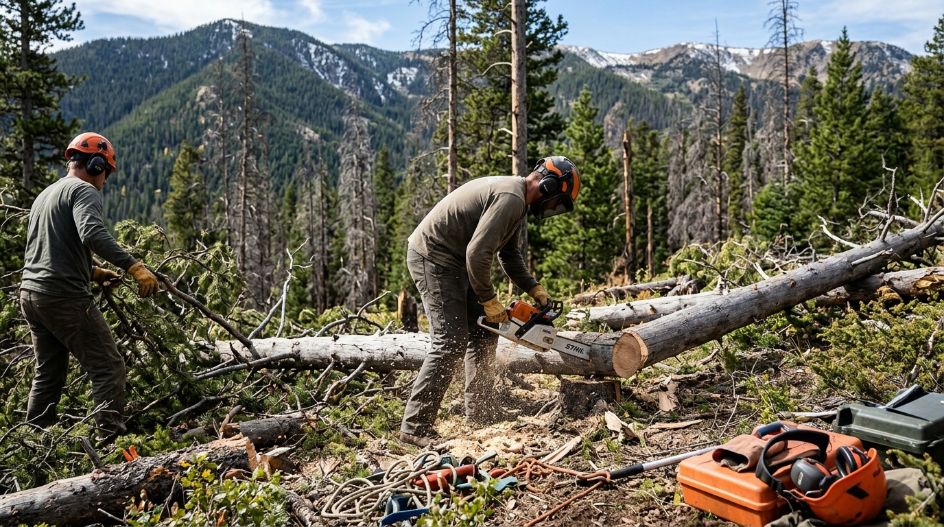 Standing dead beetle-killed pine flagged for removal on a Colorado mountain property