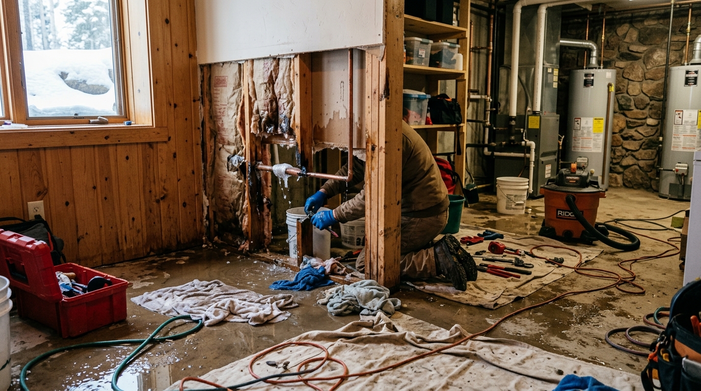 Frozen and burst pipe water damage in a Colorado mountain home crawlspace requiring restoration