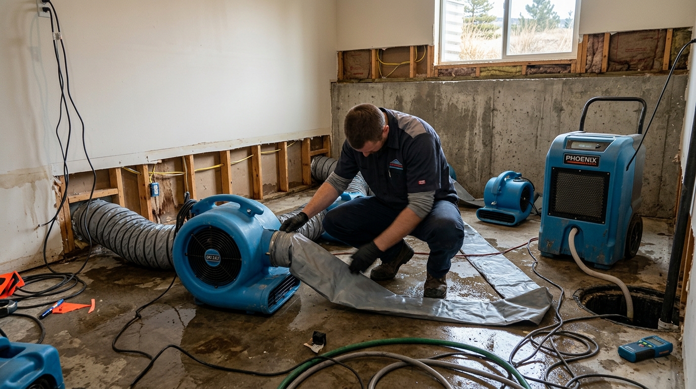 Flooded Colorado basement being dried with commercial air movers and dehumidifiers during water damage restoration