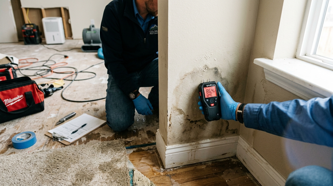 Moisture meter reading on wet drywall verifying a dry target during water damage documentation in Colorado