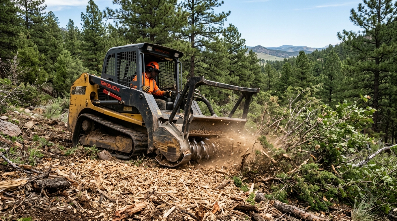 Tracked forestry mulcher grinding brush into mulch during wildfire fuels reduction on a Colorado slope