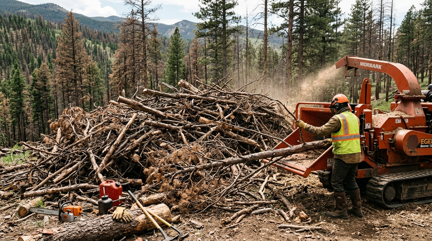 Pile of cut slash and beetle-killed pine limbs staged for chipping and removal during a Colorado wildfire fuels reduction project