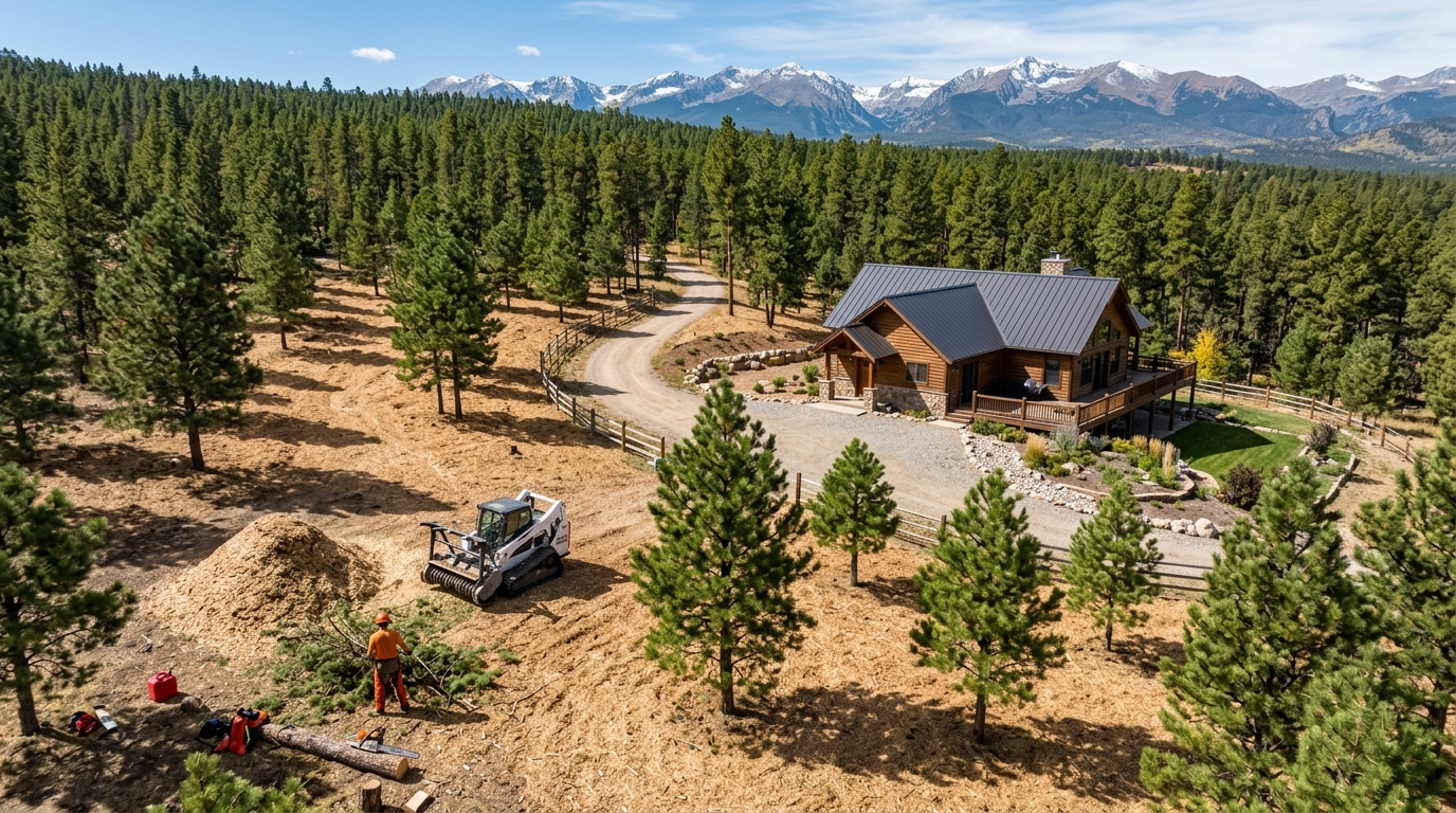 Aerial view of a Colorado acreage after Zone 2 fuels reduction with widely spaced pine groupings and mulched understory