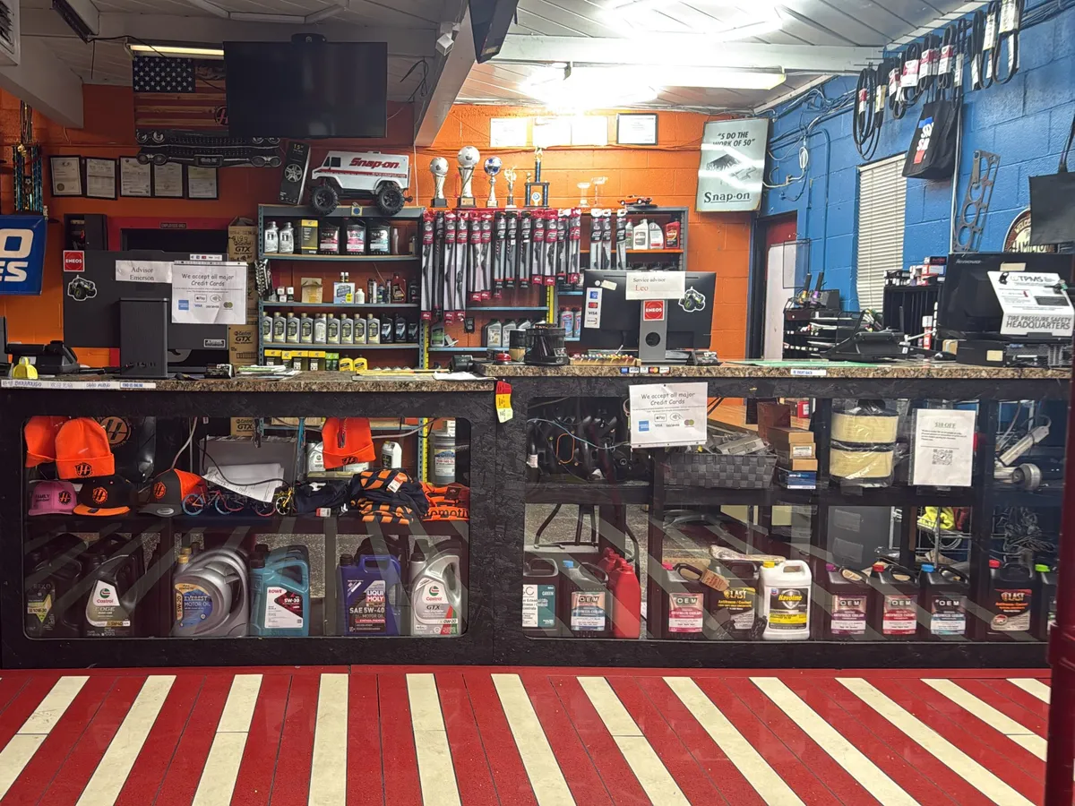 Parts and tire counter inside Hamilton's Automotive