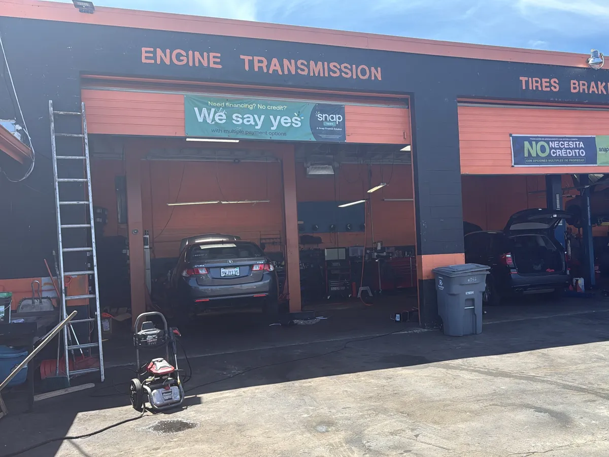 Service bays at Hamilton's Automotive for engine, transmission, tire and brake work