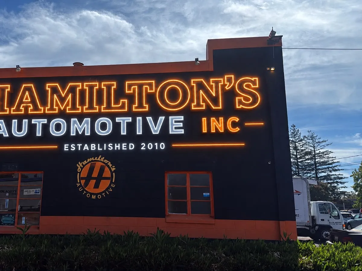 Hamilton's Automotive storefront and neon sign at 1032 First Street, Novato