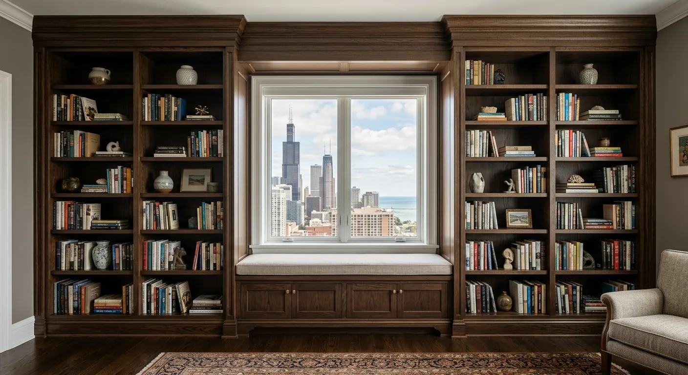 built in bookshelves work, project example in Chicago, IL