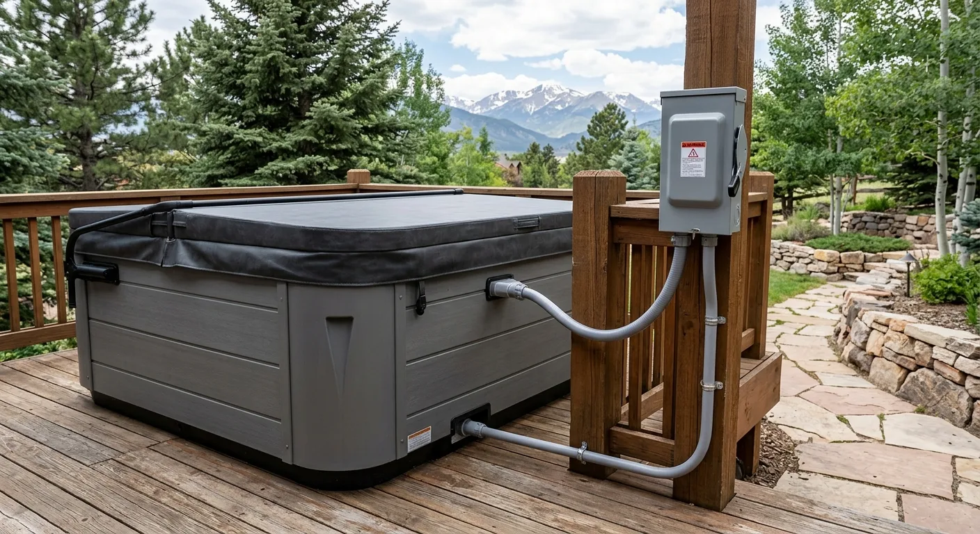 Hot tub with its disconnect mounted on a post