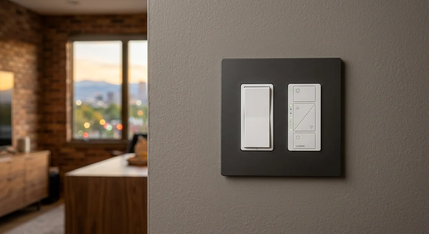 Pair of paddle light switches on a wall plate