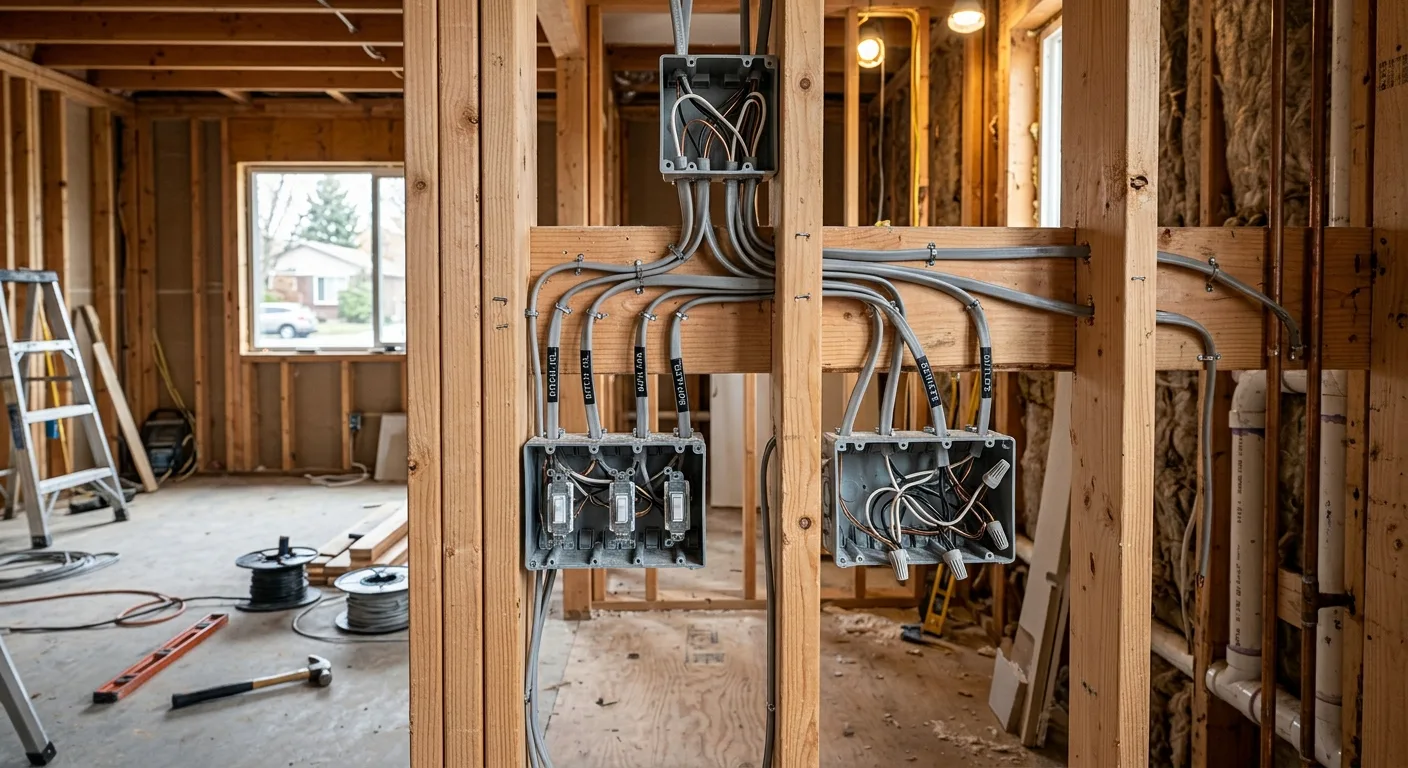 Open stud walls with new electrical boxes roughed in