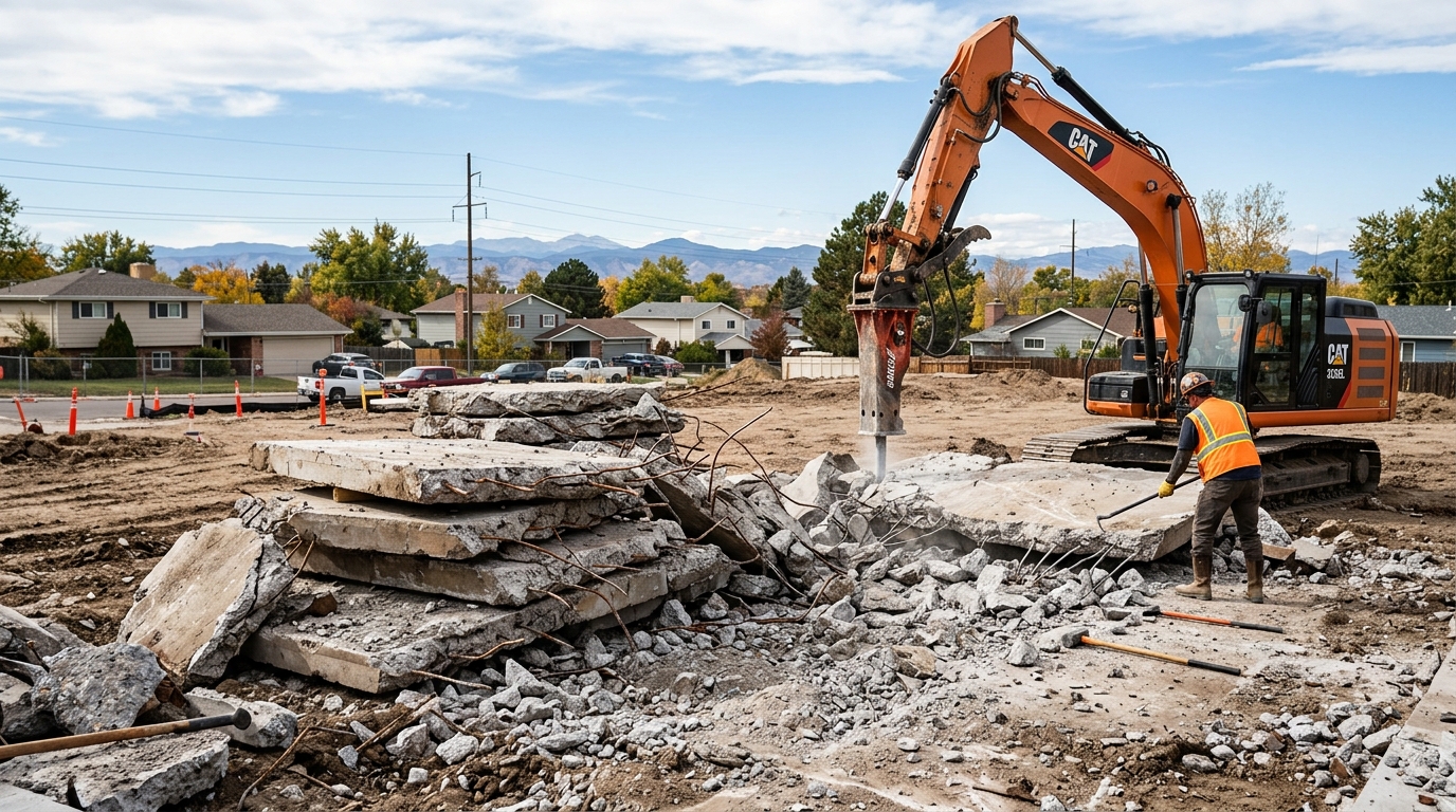 Broken-up reinforced concrete slab with exposed rebar stacked for haul-off on a cleared Denver lot by Imperium Outdoor Services