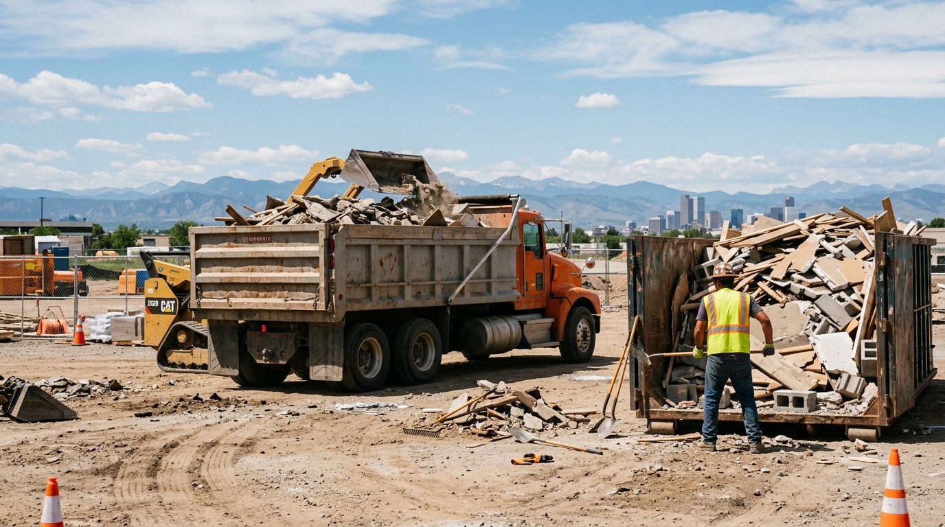 Construction debris and leftover building materials loaded for haul-off on a cleared Denver job site by Imperium Outdoor Services