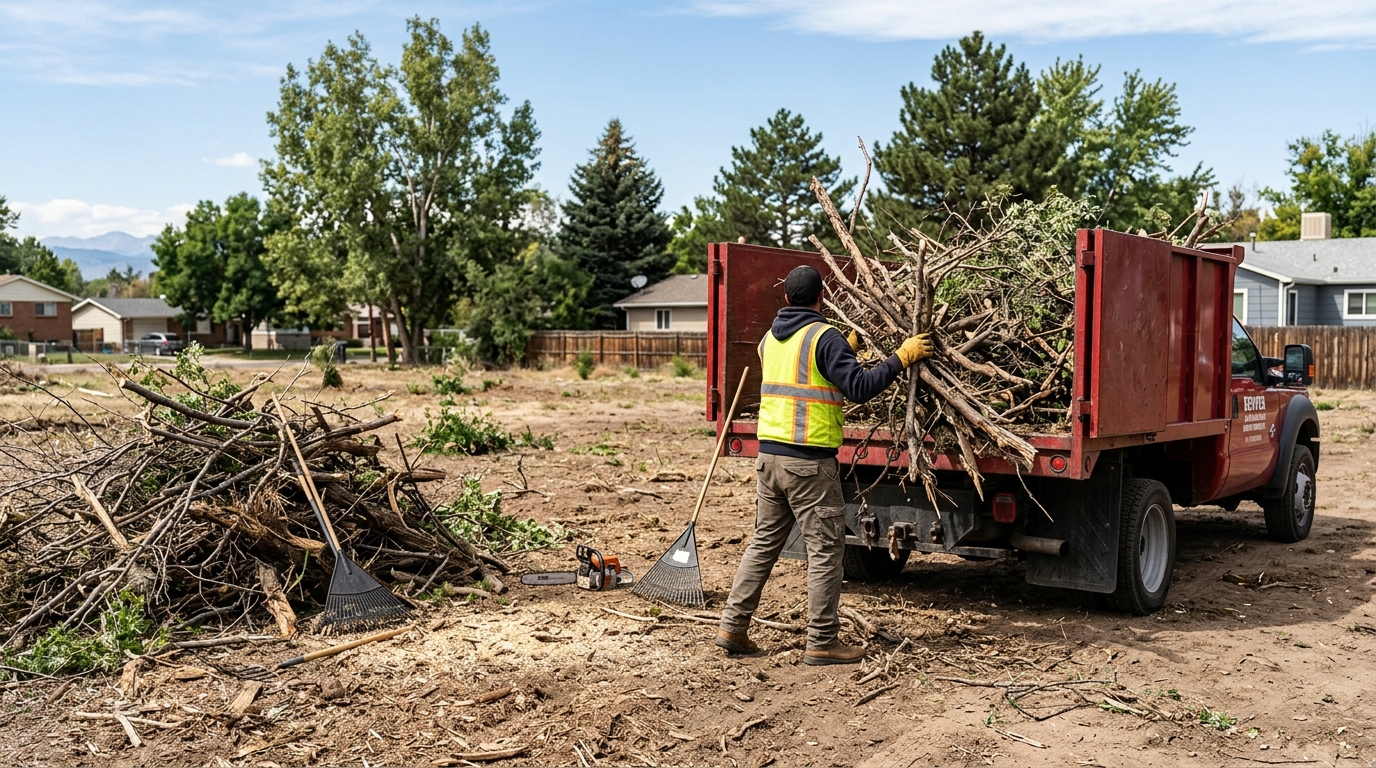 Cleared Denver lot with brush and felled trees staged for haul-off after Imperium land clearing