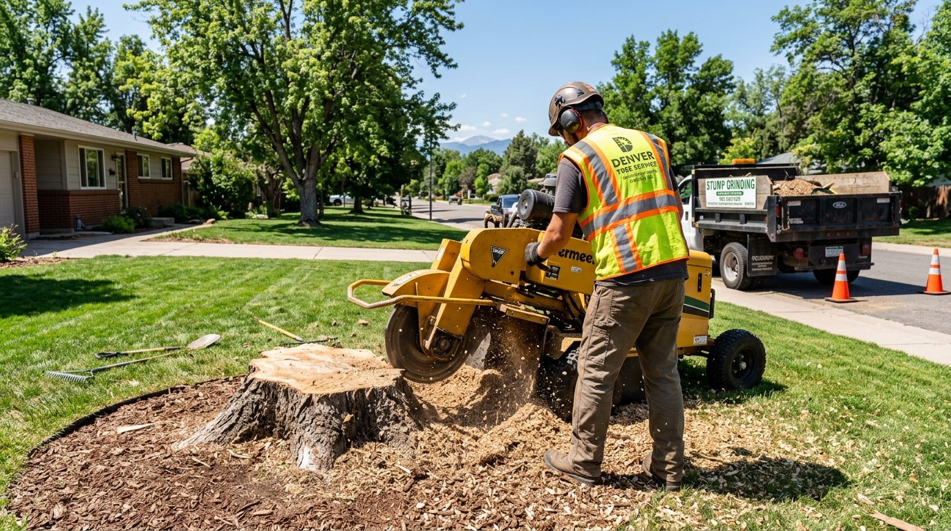Freshly ground tree stump on a cleared Denver lot after Imperium removed the tree and root flare