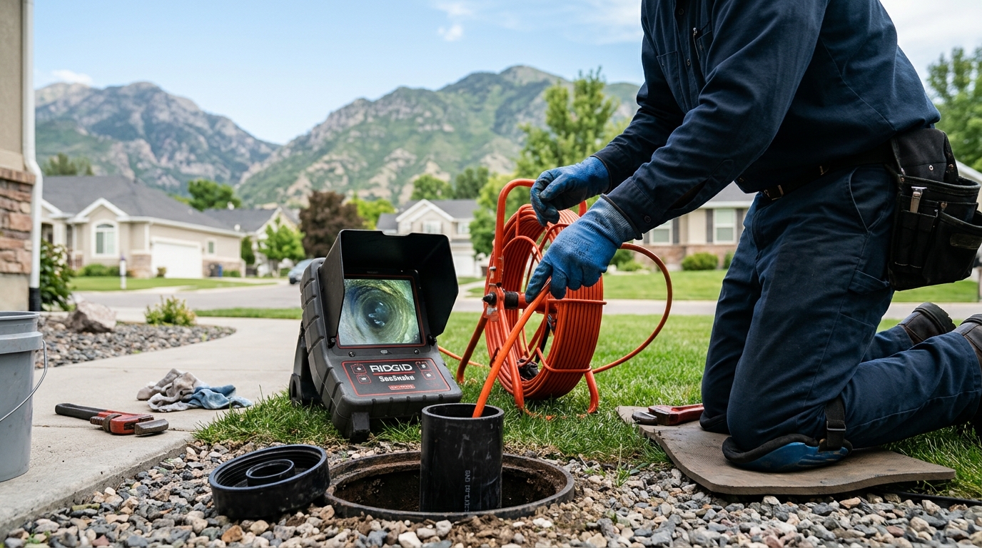 Sewer camera scope feeding down a sewer line in Bountiful, Utah