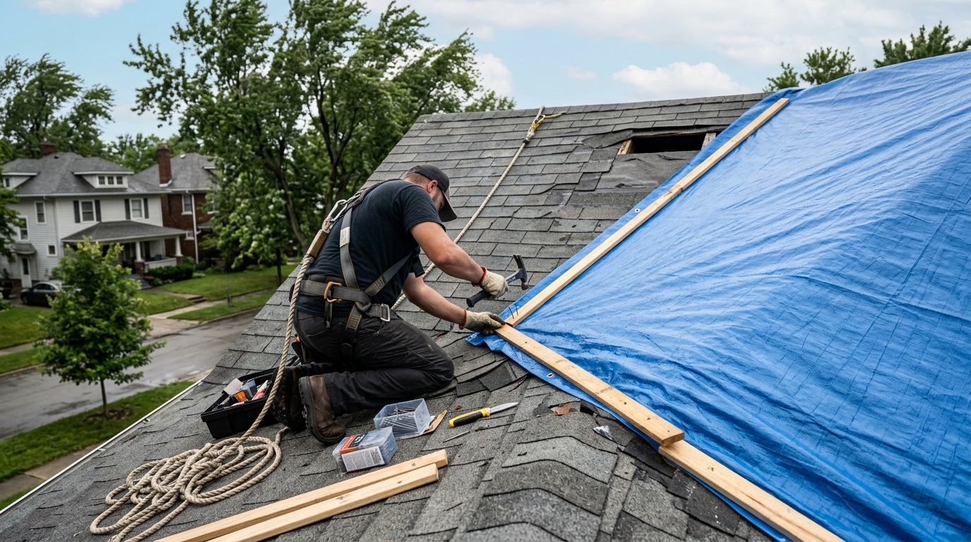 Emergency roof tarp secured over storm-damaged shingles on a Columbus-area home