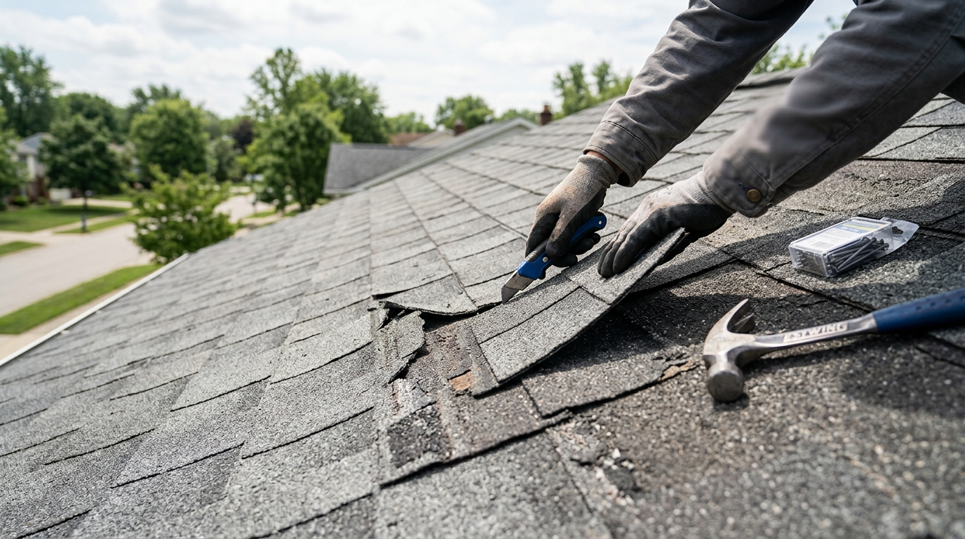 Close-up of wind-damaged asphalt shingles with a broken seal on a Columbus-area roof