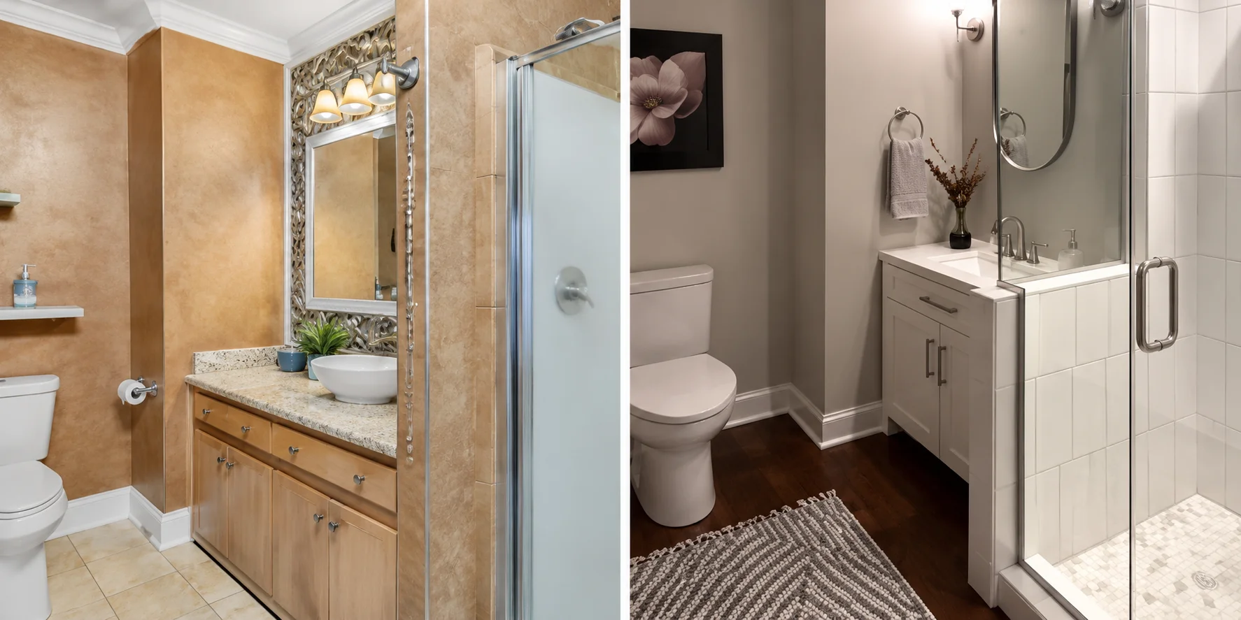 Bathroom remodeling projects showcasing three completed renovations with modern vanities, tile work, fixtures, and finishes in residential bathrooms.
