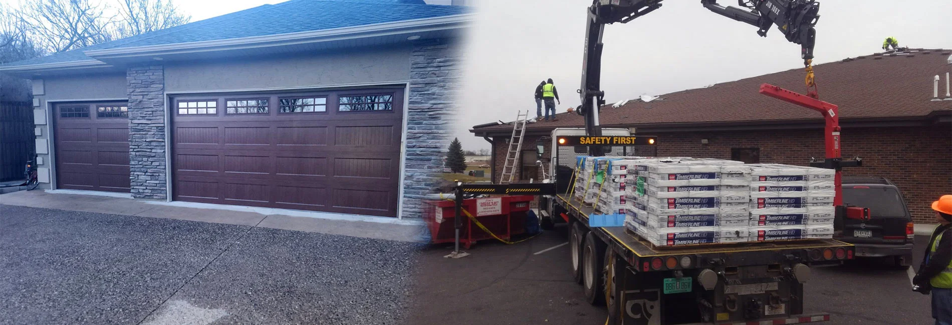 Roof installation materials and equipment being delivered to a residential home undergoing roof replacement work.