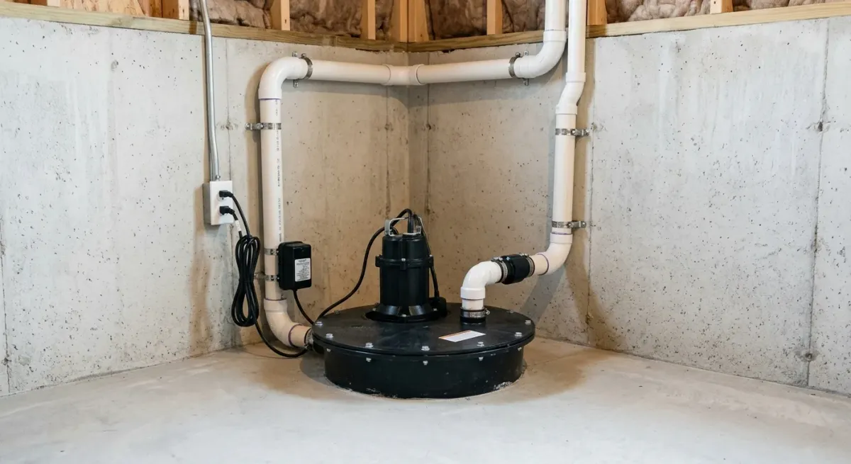 Sump pump in an unfinished basement